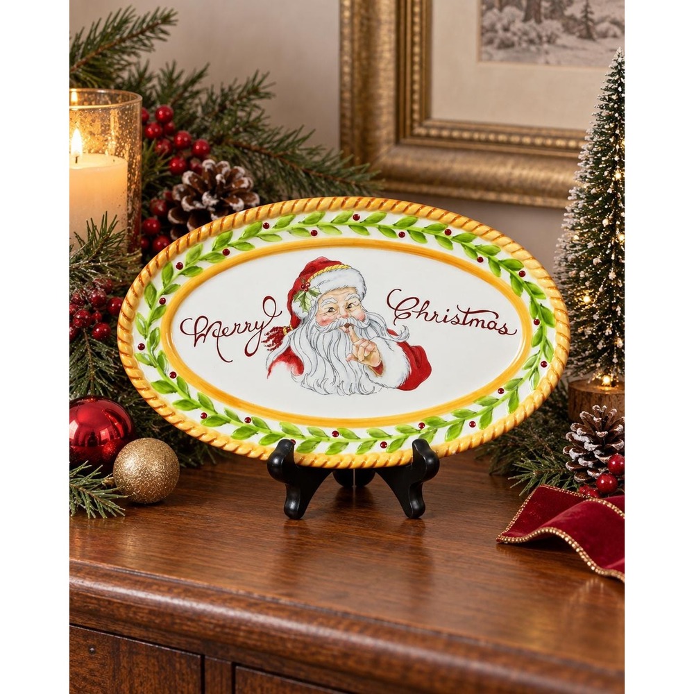 Fitz & Floyd Vintage Santa Merry Christmas Oval Tray 9.5" Holiday Serving Dish